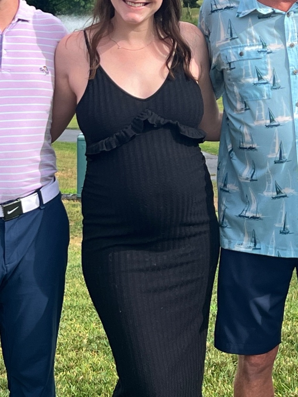Black Ribbed Ruffle-Trim Midi Dress Maternity
